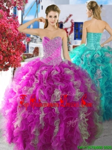 Cheap Fuchsia and White Organza Sweet 16 Dress with Beading and Ruffles