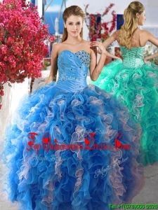 Luxurious Beaded and Ruffled Organza Quinceanera Dress in Blue and White