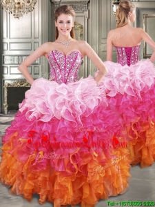 New Gradient Color Big Puffy Sweet 16 Dress with Beading and Ruffles