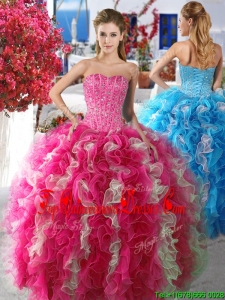 New Style Romantic Rose Pink and White Organza Quinceanera Dress with Beading and Ruffles