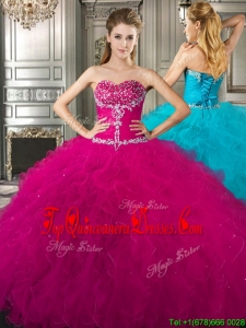 Affordable Beaded and Ruffled Fuchsia Sweet 16 Dress in Tulle