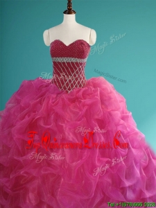 Gorgeous Beaded and Pick Ups Organza Sweet 16 Dress in Fuchsia