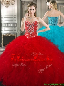 New Style Red Tulle Sweet 16 Dress with Beading and Ruffles