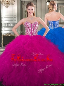 Popular Beaded and Ruffled Big Puffy Sweet 16 Dress in Fuchsia