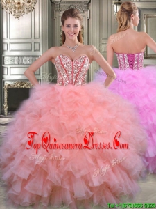 Visible Boning Beaded Bodice and Ruffled Quinceanera Dress in Watermelon Red