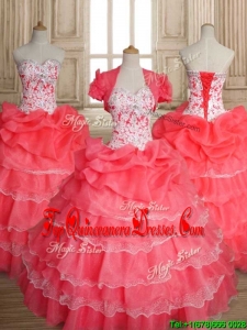 Custom Made Sweet Beaded and Ruffled Layers Quinceanera Dress in Coral Red