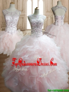 Custom Made Wonderful Scoop Beading and Ruffles Detachable Quinceanera Dress in Baby Pink