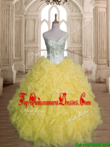 Discount Beaded and Ruffled Organza Quinceanera Dress in Yellow