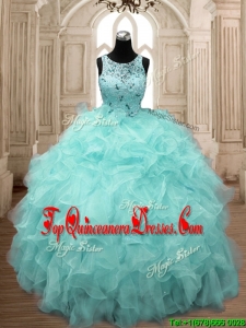 See Through Scoop Beading and Ruffles Quinceanera Dress in Aqua Blue