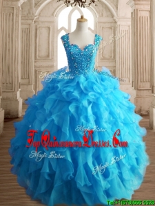 Cheap Straps Beading and Ruffles Quinceanera Dress in Aqua Blue