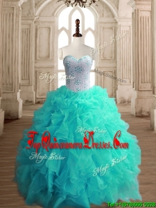 Classical Turquoise Organza Sweet 16 Dress with Beading and Ruffles