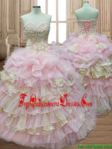 Custom Made Discount Applique and Ruffled Layers Quinceanera Dress in Baby Pink and Yellow