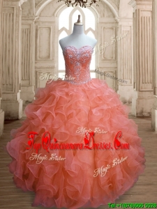 Custom Made Elegant Orange Red Sweet 16 Dress with Beading and Ruffles