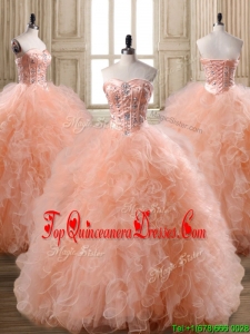 Custom Made Lovely Peach Big Puffy Quinceanera Dress with Beading and Ruffles