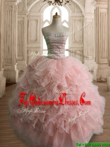 Custom Made Peach Organza Quinceanera Dress with Beading and Ruffles