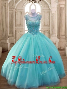 Custom Made See Through Scoop Aqua Blue Quinceanera Dress with Beading for Spring