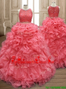 Custom Made Two Piece Scoop Watermelon Red Quinceanera Dress with Beading and Ruffles