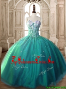 Custom Made Visible Boning Beaded Bodice Tulle Quinceanera Dress in Turquoise