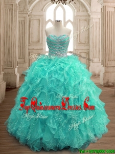 Gorgeous Beaded and Ruffled Big Puffy Sweet 16 Dress in Turquoise