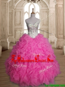 Lovely Rose Pink Sweet 16 Dress with Beading and Ruffles