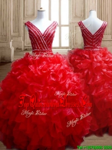 Sexy Deep V Neckline Red Quinceanera Dress with Beading and Ruffles