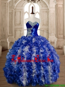 Gorgeous Beaded Bust and Ruffled Quinceanera Dress in Blue and White