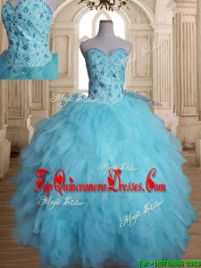 Latest Beaded and Ruffled Tulle Quinceanera Dress in Baby Blue