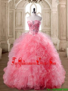 Luxurious Watermelon Red Sweet 16 Dress with Beading and Ruffles