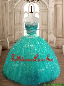 Perfect Really Puffy Sequined Quinceanera Gown in Turquoise