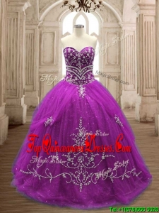 Romantic Applique Eggplant Purple Tulle Quinceanera Dress with Brush Train