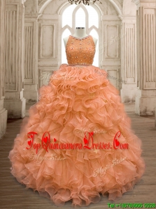 See Through Scoop Beaded and Ruffles Quinceanera Dress in Orange