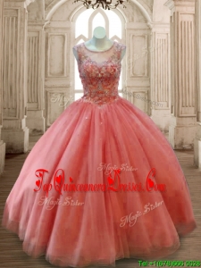 See Through Scoop Beading Quinceanera Dress in Rust Red