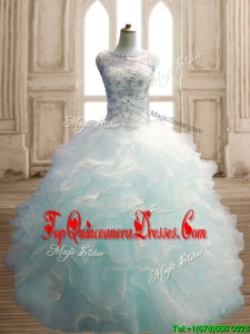 See Through Scoop Light Blue Quinceanera Dress with Beading and Ruffles