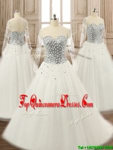 See Through Scoop Long Sleeves White Quinceanera Dress with Beading