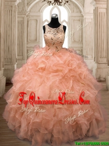 Unique Scoop Orange Sweet 16 Dress with Beading and Ruffles