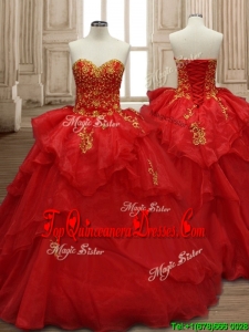 Classical Applique and Ruffled Layers Organza Quinceanera Dress in Red