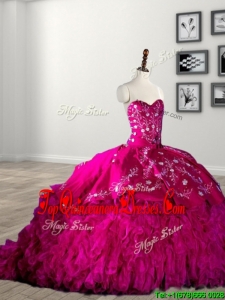 Classical Rhinestoned and Ruffled Fuchsia Quinceanera Dress with Brush Train