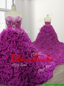 Gorgeous Rolling Flowers Court Train Quinceanera Gown with Beading