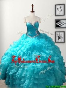 Low Price Beaded and Ruffled Organza Quinceanera Gown in Baby Blue