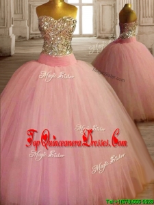 New Style Beaded Bodice Baby Pink Sweet 16 Dress in Tulle