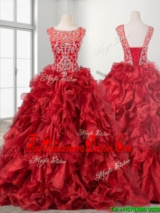 See Through Beaded Scoop Wine Red Quinceanera Dress with Brush Train