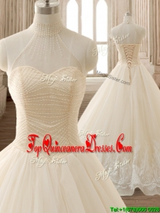 See Through High Neck Champagne Quinceanera Dress with Beading and Appliques