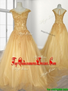 See Through Scoop A Line Beading Quinceanera Gown with Brush Train