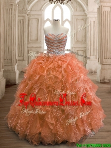 Exquisite Rust Red Organza Quinceanera Dress with Beading and Ruffles