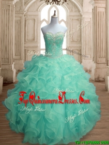 Inexpensive Beaded and Ruffled Big Puffy Quinceanera Dress in Apple Green