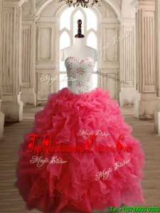 Latest Beaded Bodice and Ruffled Quinceanera Dress in Coral Red