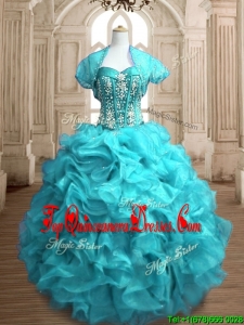 Popular Beaded and Ruffled Organza Quinceanera Dress in Teal