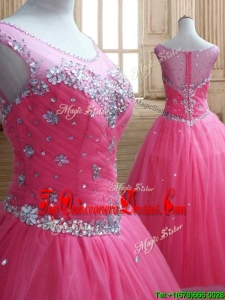 See Through Scoop Rose Pink Quinceanera Dress with Beading