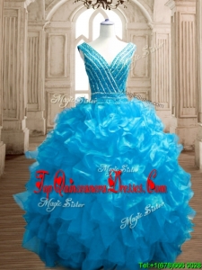 Wonderful Deep V Neckline Beading and Ruffles Sweet 16 Dress in Organza