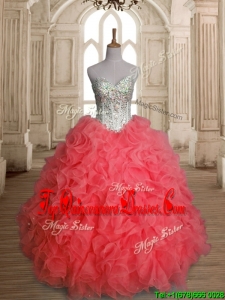 Beautiful Beaded Bodice and Ruffled Quinceanera Dress in Watermelon Red